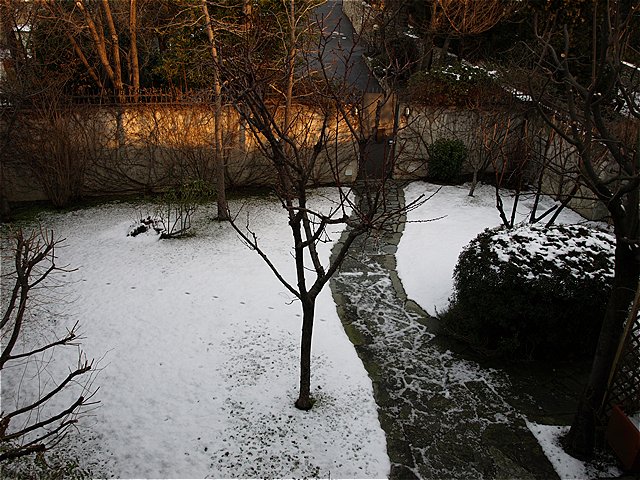 Il cortile questa mattina si presentava così. Si vedono anche chiaramente le tracce sulla neve lasciate da un animale selvatico.