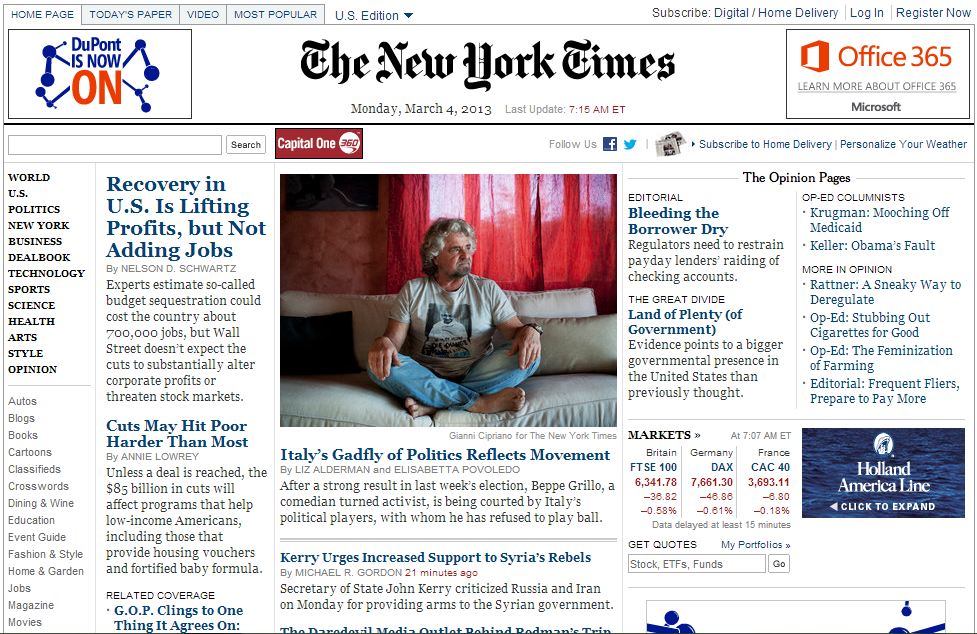 La copertina del New York Times del 4 marzo 2013